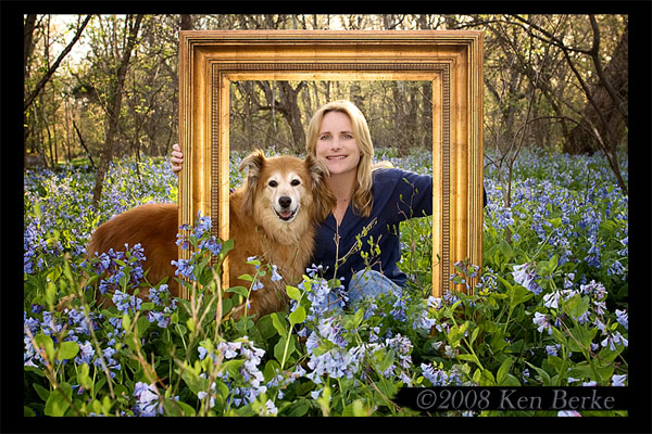 Robin and Chica in the Bluebells.  Photo by Ken Berke, April 2008.